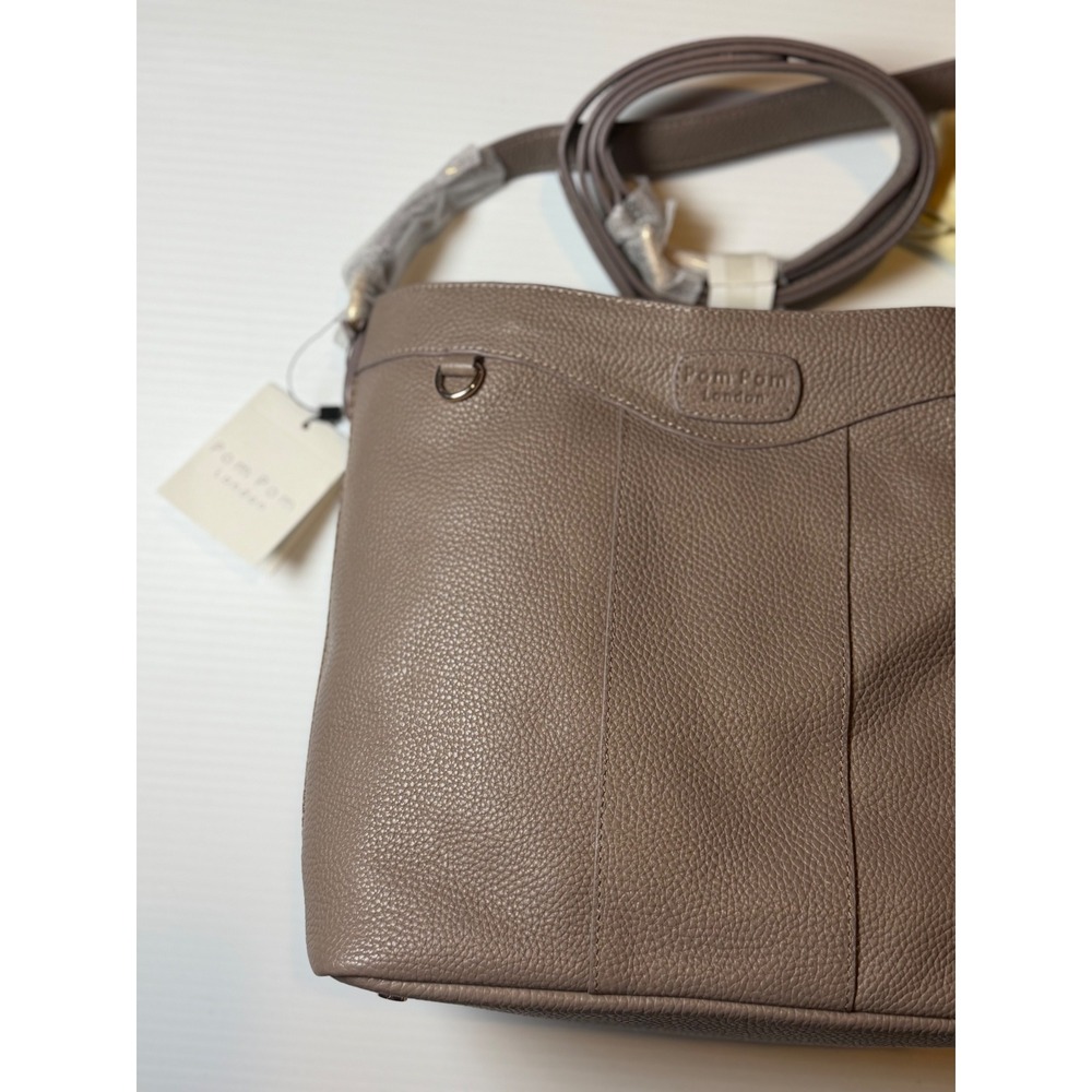 Pom Pom London Hampstead Leather Bucket Bag Mocha Taupe Crossbody Gold Hardware - Picture 2 of 11